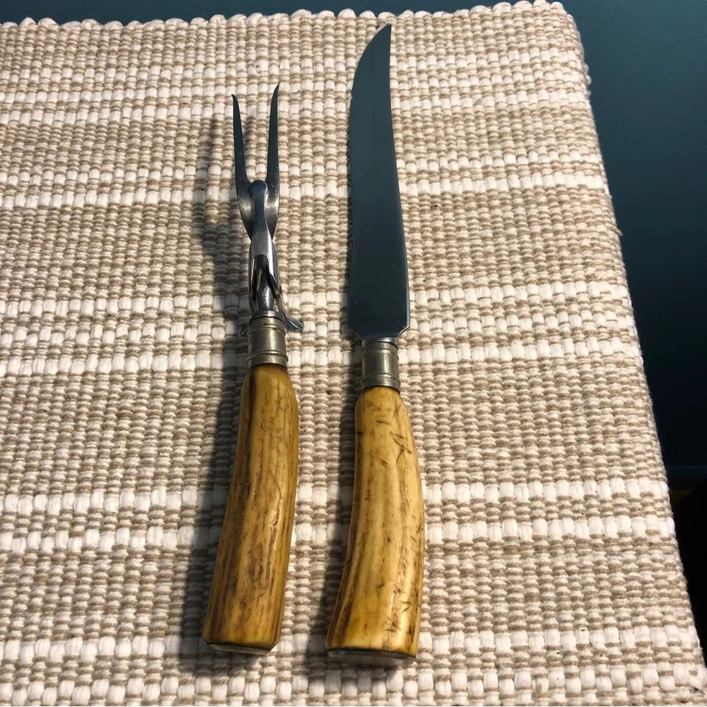 Carving Knife and Fork Set with Yellow deer antler Handles